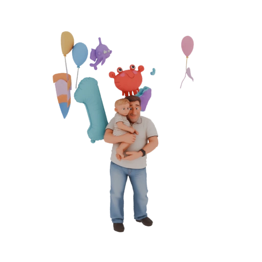 Padre Sosteniendo Bebé con Globos de Cumpleaños y Cangrejo de Juguete