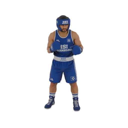 3D-Modell eines männlichen Boxers in blauer Uniform mit HSV-Logo, mit Kopfschutz und Handschuhen, in Kampfhaltung.
