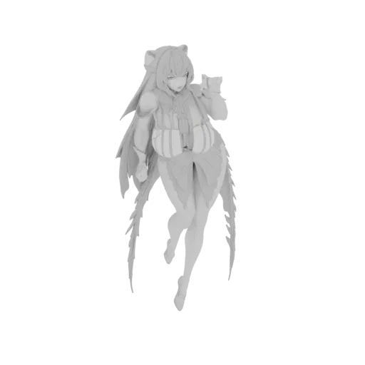 Modèle 3D d'une fille anime avec oreilles et queue de renard en pose dynamique, rendu en gris neutre.
