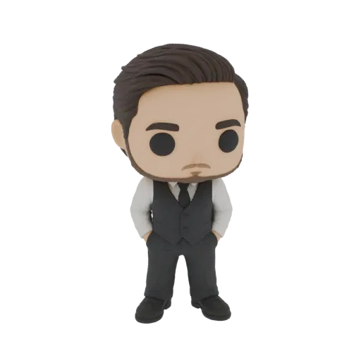 3D model of a chibi gentleman wearing a dark suit, white shirt, and tie, standing with hands in pockets.