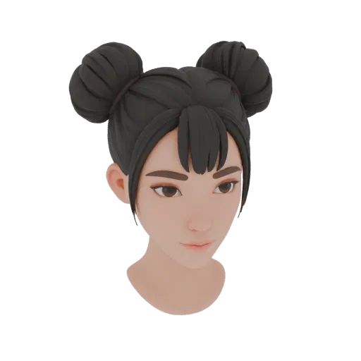 3D model of "Two Buns" female hairstyle with two voluminous buns and bangs, anime style