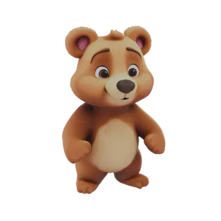 Una renderización 3D de un oso marrón lindo estilo caricatura de pie con una expresión amigable y una pata ligeramente levant