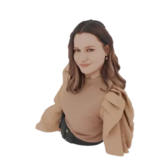 Modello 3D di una donna elegante con lunghi capelli castani mossi, indossa un top color cuoio con grandi maniche a palloncino