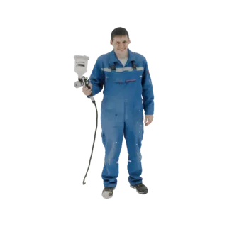 3D-Modell eines männlichen Malers in blauer Latzhose, lächelnd und mit Spritzpistole.