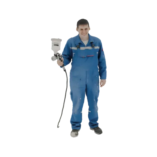 3D model of a male painter in blue overalls, smiling and holding a spray gun.