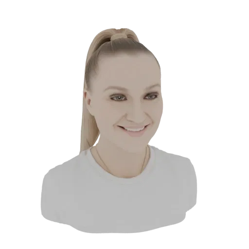 Renderização de modelo 3D de mulher sorridente com rabo de cavalo loiro, vestindo camiseta branca.