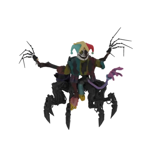Modello 3D di un inquietante personaggio arlecchino con corpo meccanico da ragno e braccia scheletriche, indossa un cappello