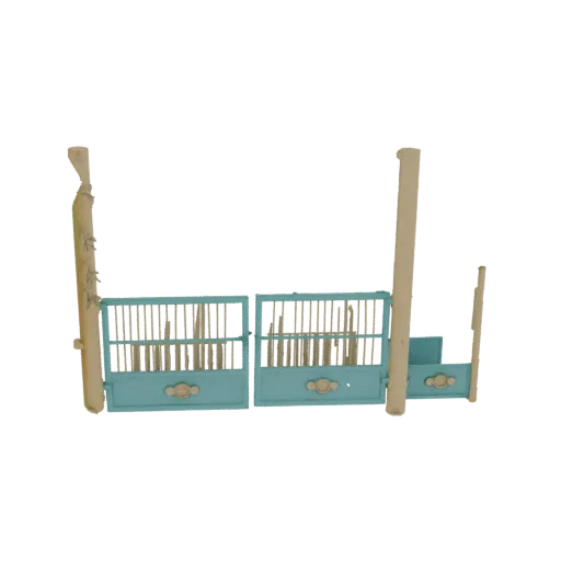 3D model of a teal garden gate with ornate scrollwork, flanked by weathered wooden posts, set against a white background.