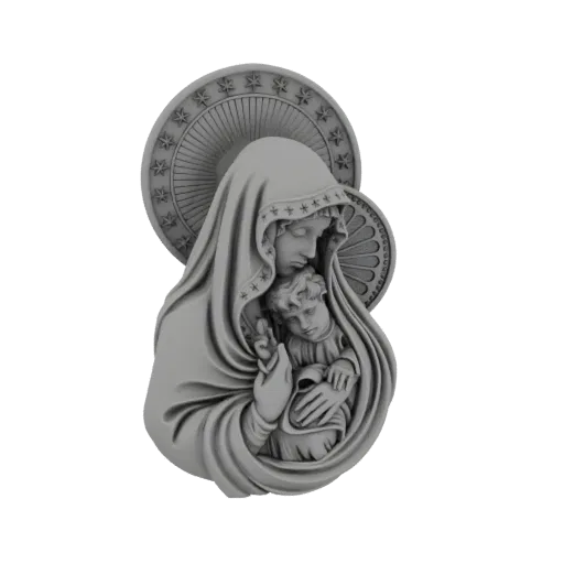 3D model render of a sculpture depicting the Virgin Mary holding the infant Jesus, with a star-adorned halo.