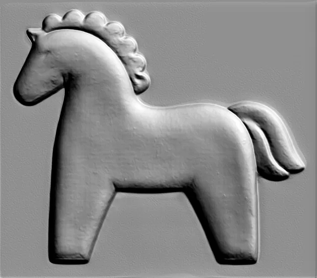 3D model of a folk toy style horse bas-relief, side view