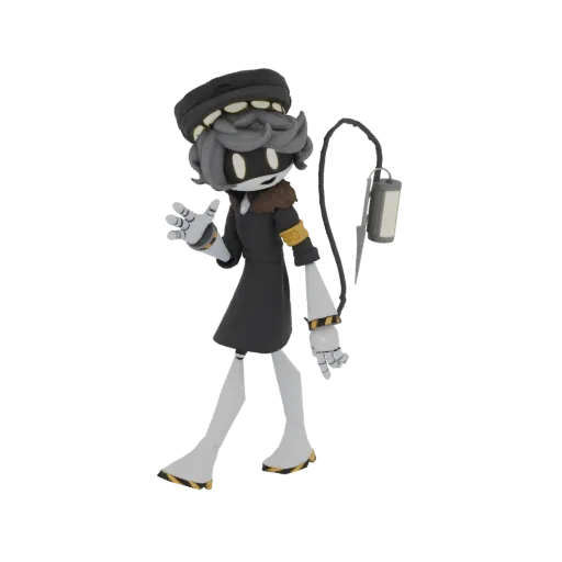 Modèle 3D d'un personnage robot style anime avec des cheveux gris, une casquette noire, des vêtements sombres et un accessoir