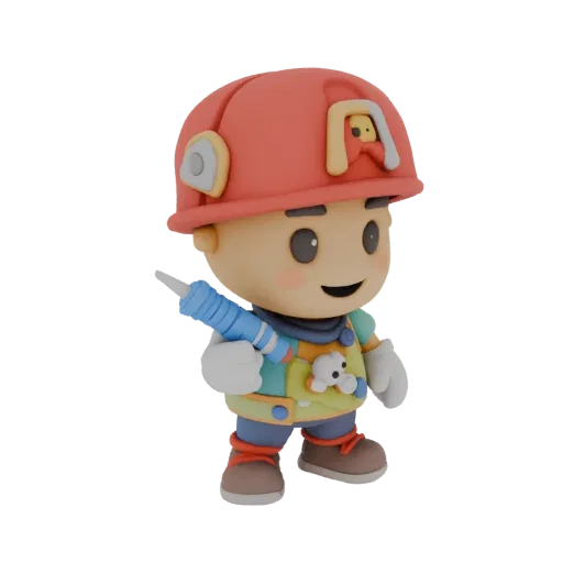 3D model of a cute cartoon firefighter character wearing a red helmet and holding a blue hose, with a friendly expression.
