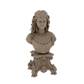 Render 3D di un dettagliato busto di una Regina Egizia Antica con copricapo e piedistallo ornato, presentato su sfondo bianco
