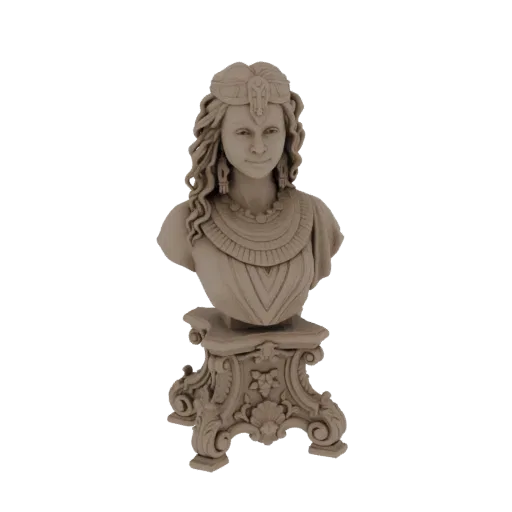 3D render of a detailed bust of an Ancient Egyptian Queen with a headdress and ornate pedestal, presented against a white bac