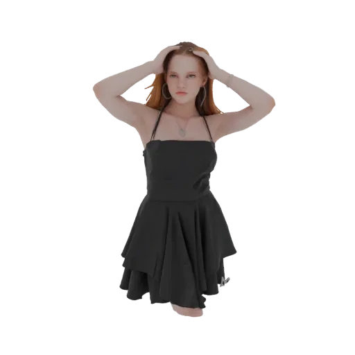 3D model of a young woman wearing a black ruffled mini dress, with hands on her head.