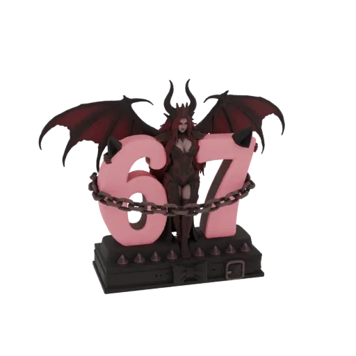 3D model of a demonic figure with red hair and wings, embracing a pink number 67, chained, on a spiked base.