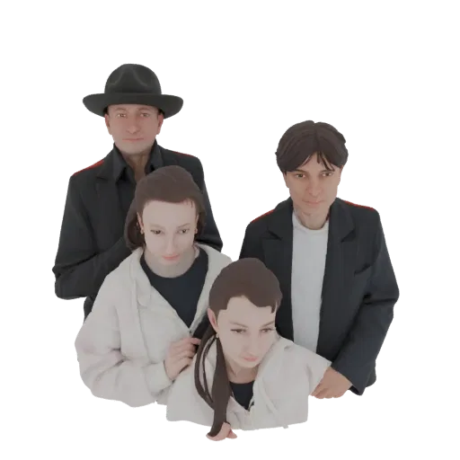 A 3D model render of an AI-generated family portrait, showing a man in a hat, a young man, and two young women.