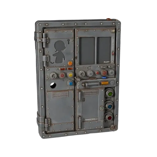 Verriegeltes Türpaneel 3D-Modell, Dreiviertel-Vorderansicht, Unreal Engine-Viewport, zeigt Metallscharniere, Schlüsselform-De