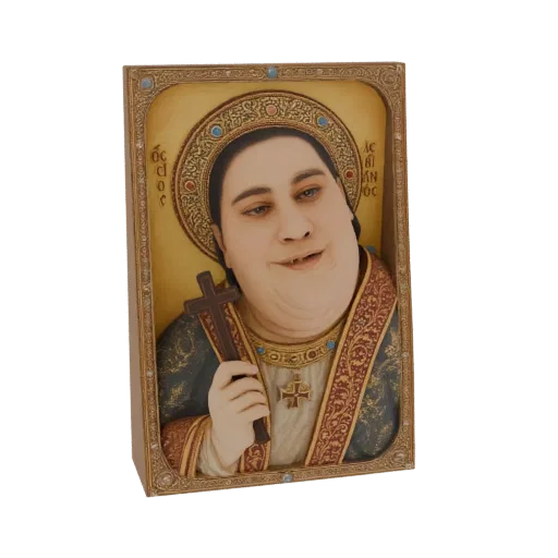 3D model of a saintly figure with a halo, wearing ornate robes and holding a cross, with a unique facial expression.