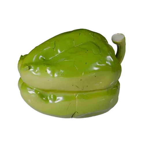 Garten Paprika 3D-Modell, Dreiviertel-Frontansicht, Unity-Viewport, zeigt Blattadern, klare Gemüsesilhouetten.