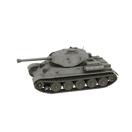 Realistic 3D model of Soviet T-34 tank, side view, on black background