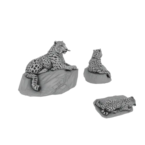 3D model of a leopard family, with a large adult and two cubs resting on textured rock bases, against a white background.