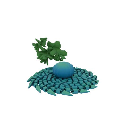 3D render of an abstract teal swirl base with a blue orb and green foliage, isolated on a white background.