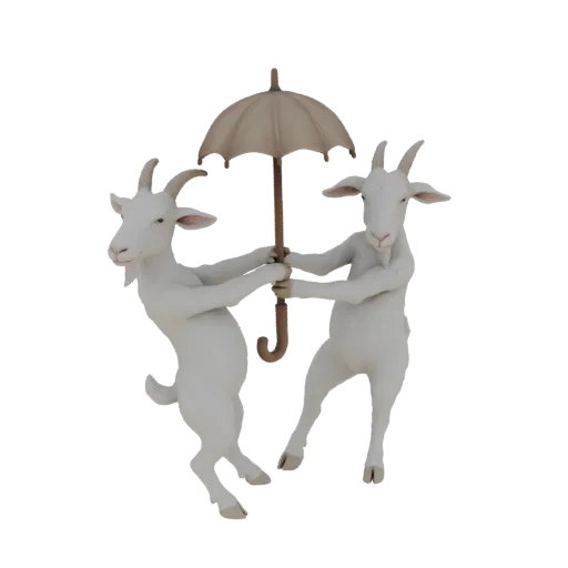 3D model of two white goats holding an umbrella together, against a black background.