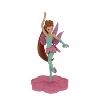 3D-Modell einer Fee-Figur in Ballettpose, mit langem kastanienbraunem Haar, pinken Flügeln und einem türkisen Outfit, stehend