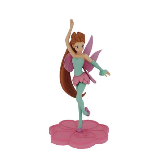 3D-Modell einer Fee-Figur in Ballettpose, mit langem kastanienbraunem Haar, pinken Flügeln und einem türkisen Outfit, stehend