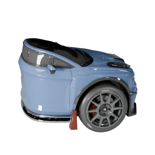 Rallyeauto 3D-Modell, Dreiviertel-Studioansicht, animationsbereites Fahrzeug-Asset mit Karosserielinien, Verglasung, Radstand