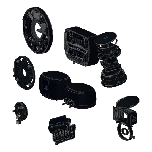 3D model of disassembled smart speaker components, including circuit boards, speaker drivers, and housing, laid out for inspe