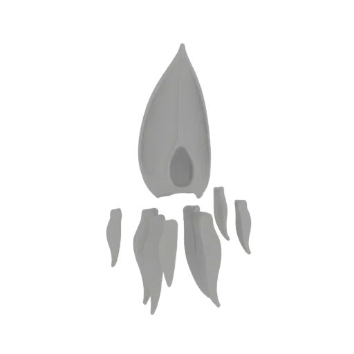 A 3D render of a stylized flame with a smooth, petal-like shape, rising from scattered ember elements against a white backgro