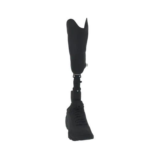 Modello 3D di una gamba protesica nera con una sneaker nera attaccata sul fondo, mostrata su uno sfondo bianco.