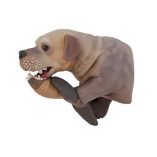 Modello 3D di cane con testa grande che tiene la coda di una foca, su sfondo bianco