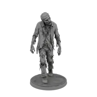 3D model of a tattered zombie figure with ripped clothes and a menacing expression, standing on a circular base.