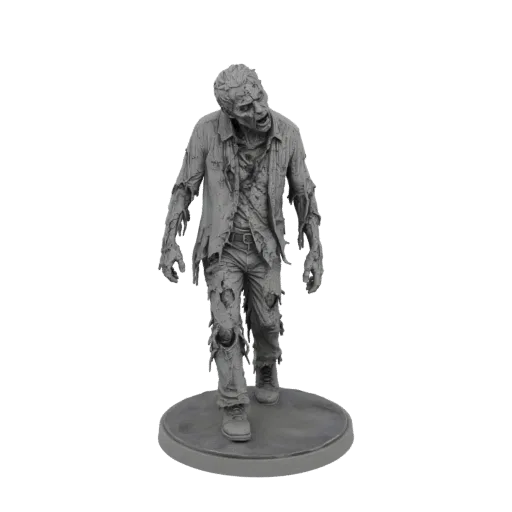 3D-Modell einer zerlumpten Zombie-Figur mit zerrissener Kleidung und bedrohlichem Ausdruck, stehend auf einer runden Basis.