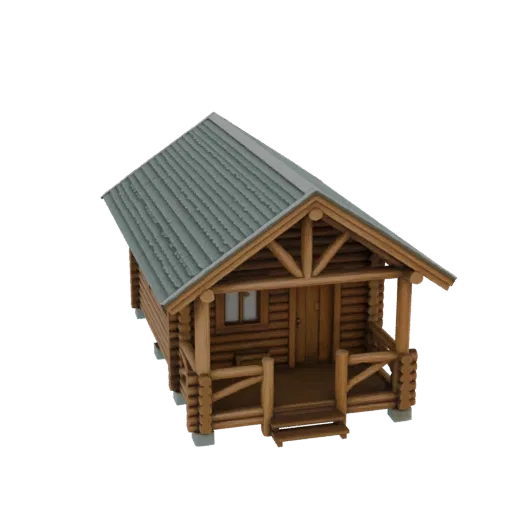 Modelo 3D de uma cabana rústica de troncos com varanda de madeira e telhado de metal verde, sobre um fundo branco.