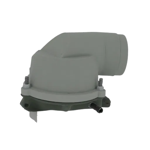 3D model of a grey industrial air intake elbow with mounting bolts and a small side hose connection, isolated on a black back