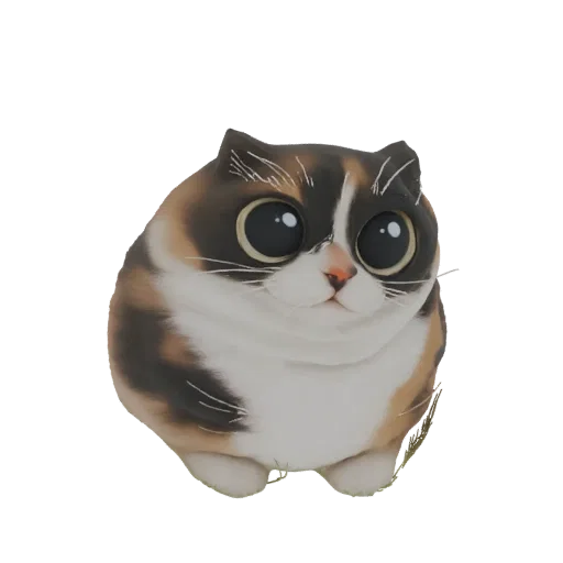 A 3D render of a very round, chubby calico cat with large, dark, expressive eyes, sitting with its paws tucked underneath.