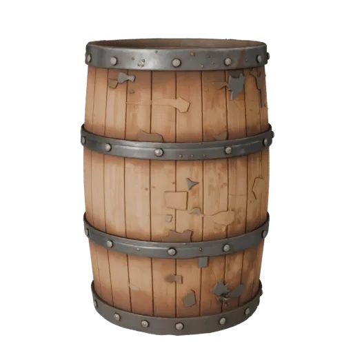 Weathered Barrel 3D model, three-quarter front view, Unreal Engine viewport, showing wood planks, stackable massing.