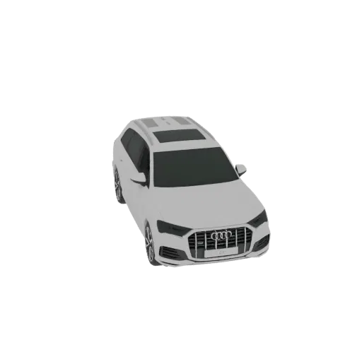 A 3D model of a white Audi Q7 SUV, viewed from a slightly elevated angle, showcasing its exterior design.