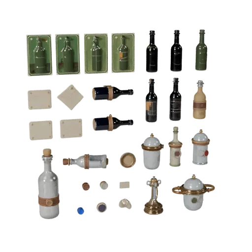Market Bottle Group 3D model, three-quarter front view, Unreal Engine viewport, showing paper-like cards, form detail.