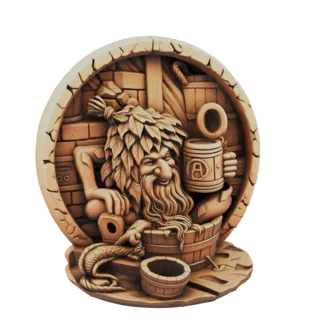 3D model of a wooden gnome with a leafy headdress and beard, sitting in a wooden tub in a bathhouse scene, holding a mug.