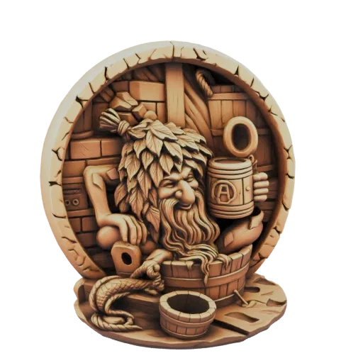 3D model of a wooden gnome with a leafy headdress and beard, sitting in a wooden tub in a bathhouse scene, holding a mug.