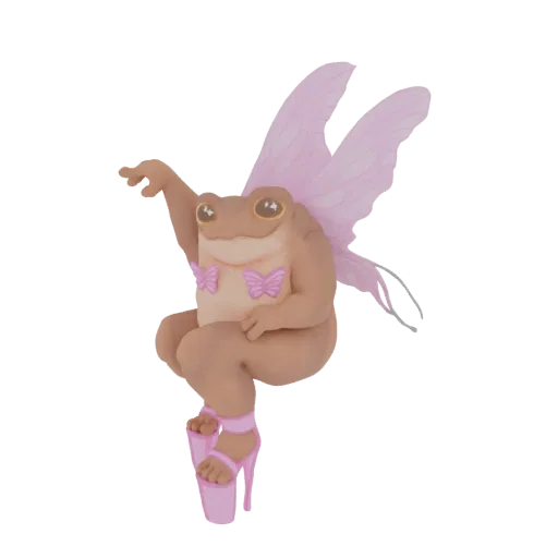 3D model of a light brown frog with large eyes, pink fairy wings, and a pink butterfly bikini top, wearing pink platform heel