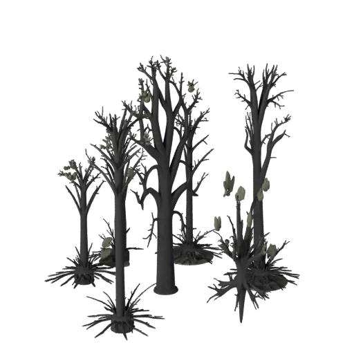 Dead Tree Silhouettes Realistic 3D model, three-quarter environment render, showing leaf clusters, terrain detail.