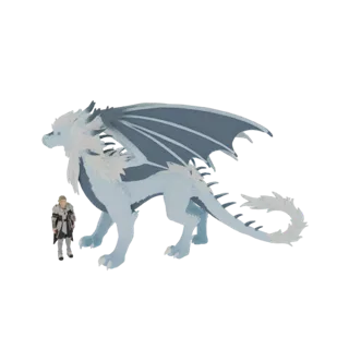 Modèle 3D d'un majestueux dragon de givre aux écailles bleu clair et fourrure blanche, debout à côté d'un chevalier en armure