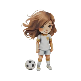 3D model of a cute young girl in a soccer uniform with a soccer ball at her feet, rendered in a charming, stylized aesthetic.