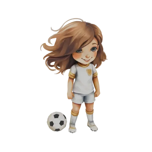 Modello 3D di una carina giovane ragazza in uniforme da calcio con un pallone ai piedi, renderizzato con un'estetica affascin
